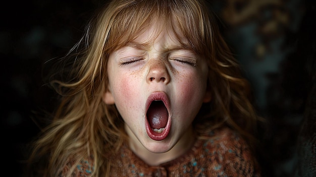 Joyful Snapshot of a Playful Child Mid Yawn Capturing a Moment of Sleepy Chaos in Vibrant Colorful