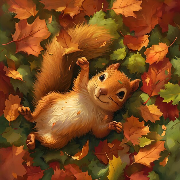 Joyful Squirrel in Colorful Leaves A Playful Scene