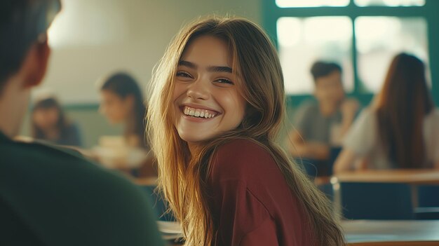 Photo a joyful student smiles warmly at a classmate