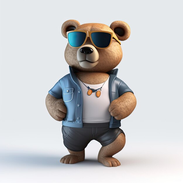 Joyful stylish 3D bear character with full body donning apparel and shades against a backdrop Generative AI