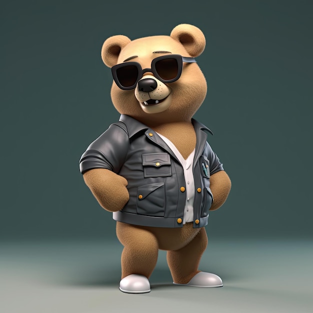 Joyful stylish 3D bear character with full body donning apparel and shades against a backdrop Generative AI