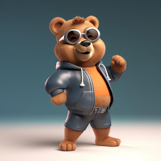 Joyful stylish 3D bear character with full body donning apparel and shades against a backdrop Generative AI