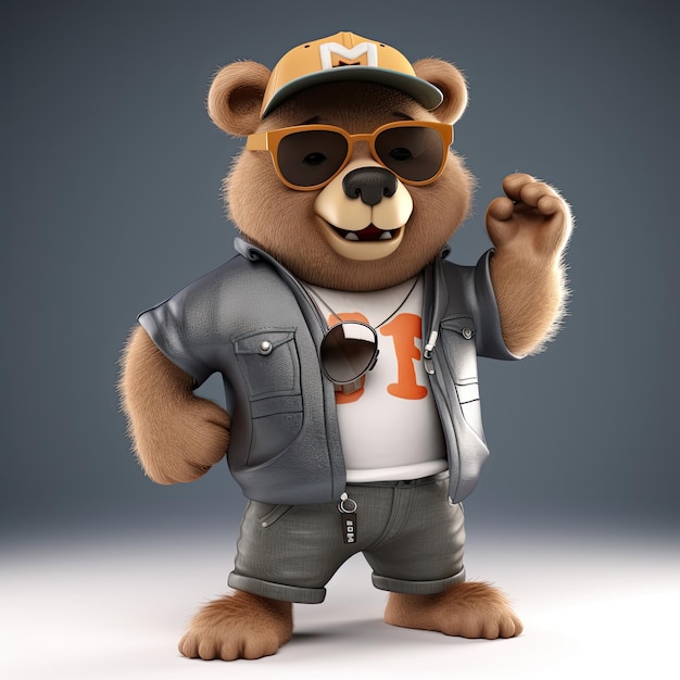 Joyful stylish 3D bear character with full body donning apparel and shades against a backdrop Generative AI