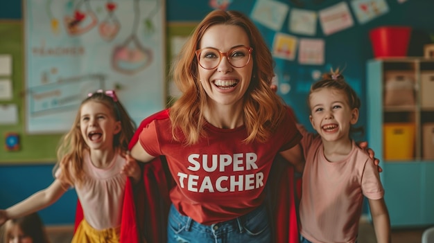 Photo joyful teacher in super teacher costume with students in a fun classroom setting