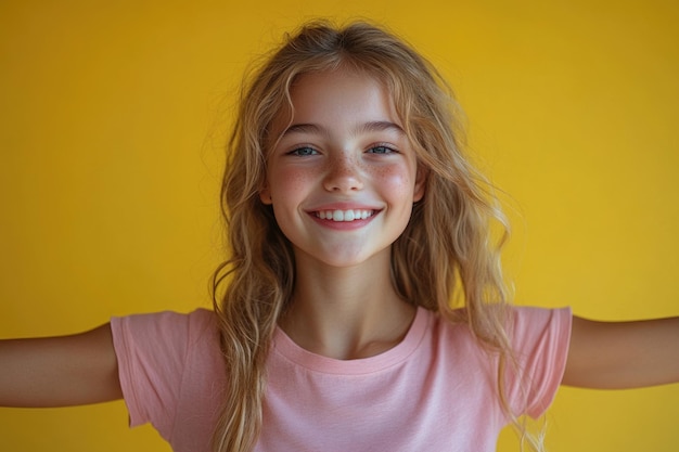 Photo joyful teen girl in pink tshirt dancing happily against a bright yellow studio background