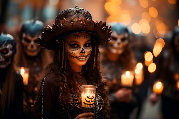 A joyful teenager in a Halloween costume joins the exciting parade