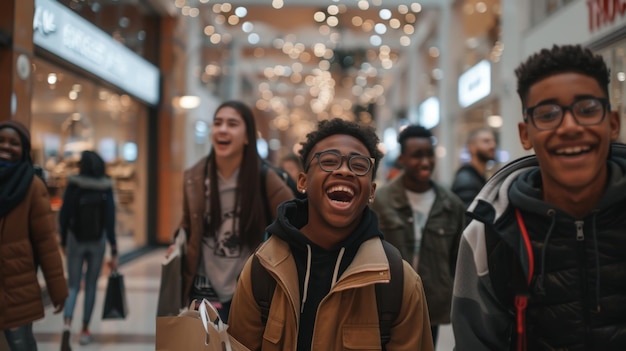 Joyful Teenagers Enjoying Black Friday Shopping at a Busy Mall with Sparkling Lights