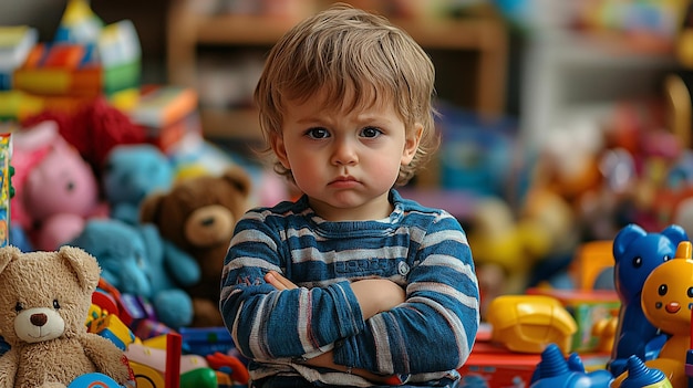 Joyful Toddler Immersed in a Colorful Chaos of Toys Captured in a Bright and Playful Scene with