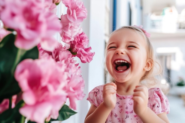 Joyful Toddler Laughing Near Pink Flowers Outdoors on a Sunny Day