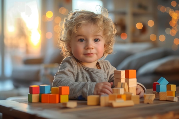 A joyful toddler plays with a vibrant selection of wooden building blocks