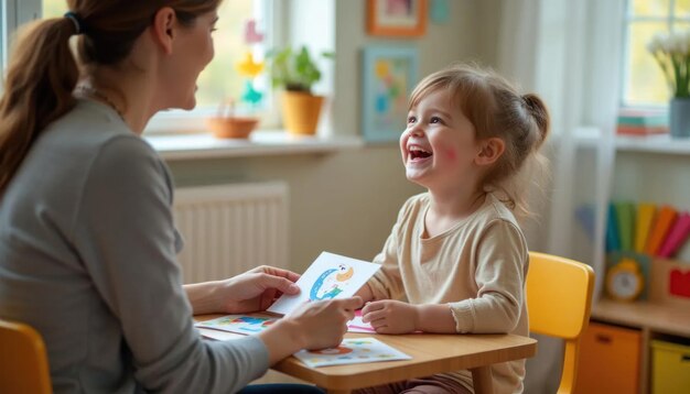 Photo joyful toddler thrives in engaging interactive speech therapy session