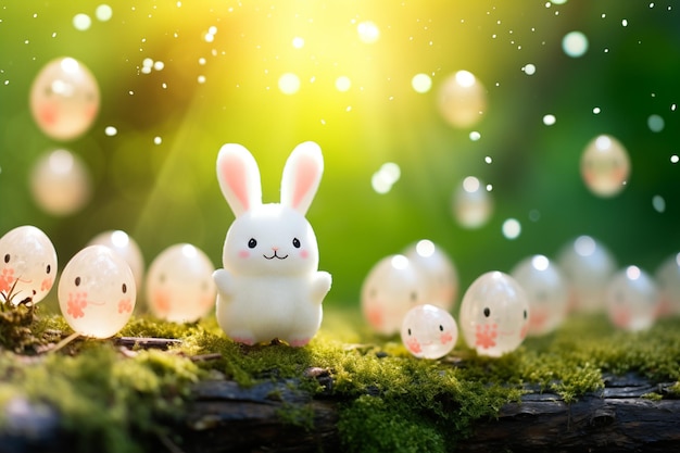 Joyful toy bunny with magical Easter eggs in bright enchanted forest Cute adorable Easter