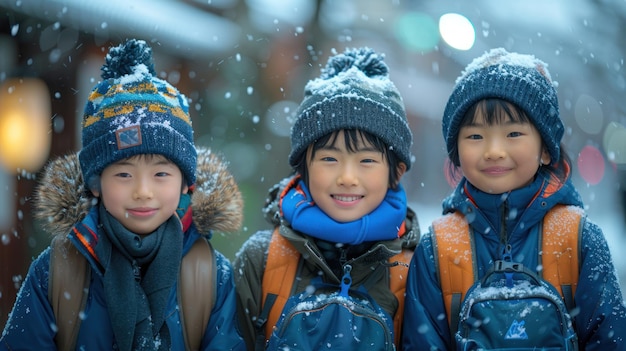 Joyful Trio Embracing Winter Wonderland