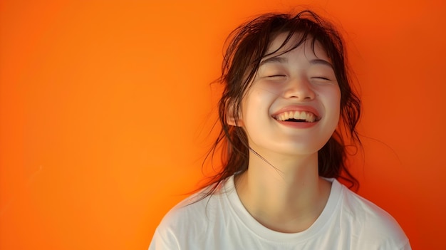 Joyful and vibrant portrait of a happy laughing Asian woman on an orange background