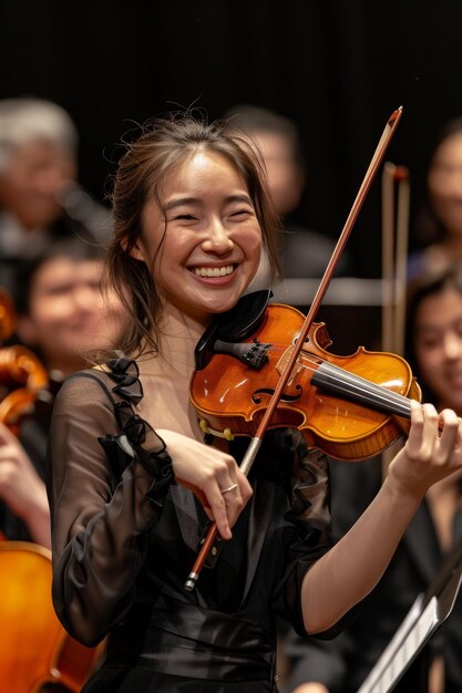 Photo joyful violinist holding first place trophy at classical music competition with orchestra