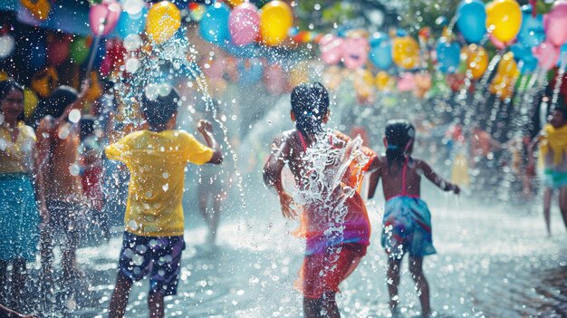 Joyful Water Splashing Celebration Kids Playing at Songkran Festival