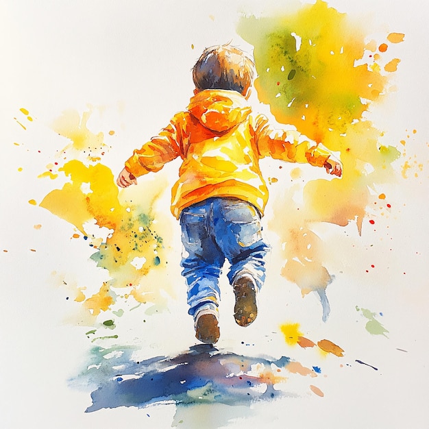 Joyful Watercolor Painting of a Child Playing with Bright Colors and Delicate Brushstrokes