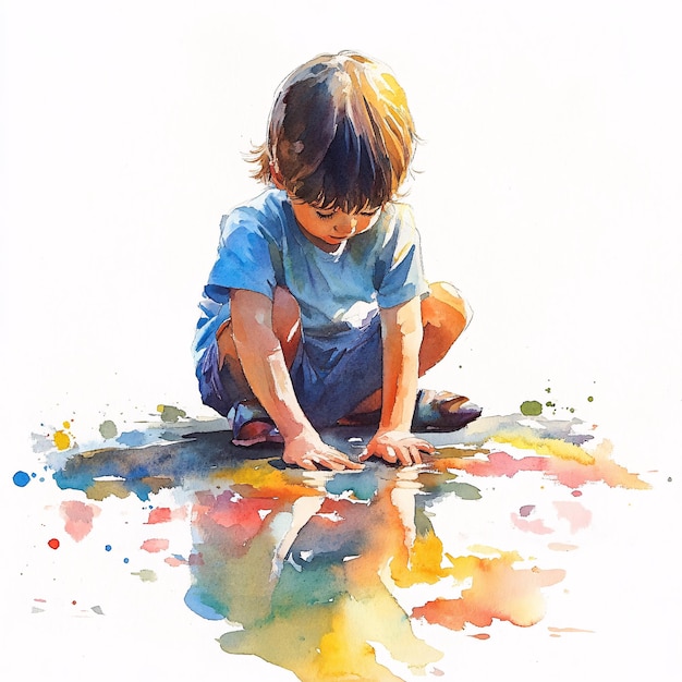 Joyful Watercolor Painting of a Child Playing with Vibrant Colors and Soft Brushstrokes on