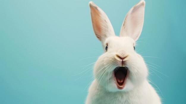 Joyful white rabbit laughing heartily against a clean blue background