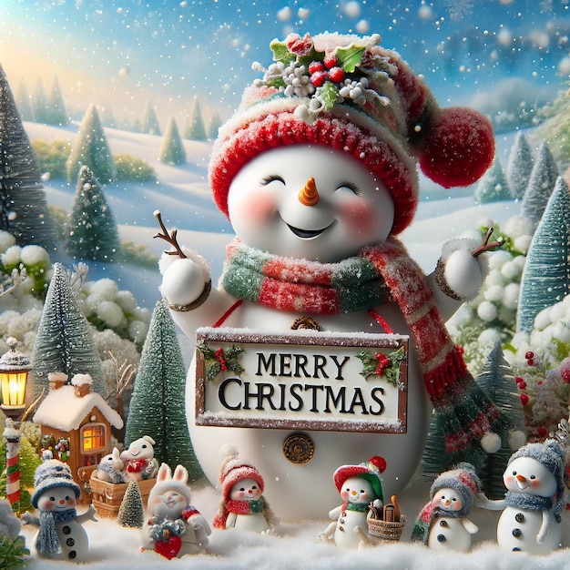 Joyful Winter Celebration Smiling Snowman with 'Merry Christmas' Sign in a Snowy Enchanted Forest