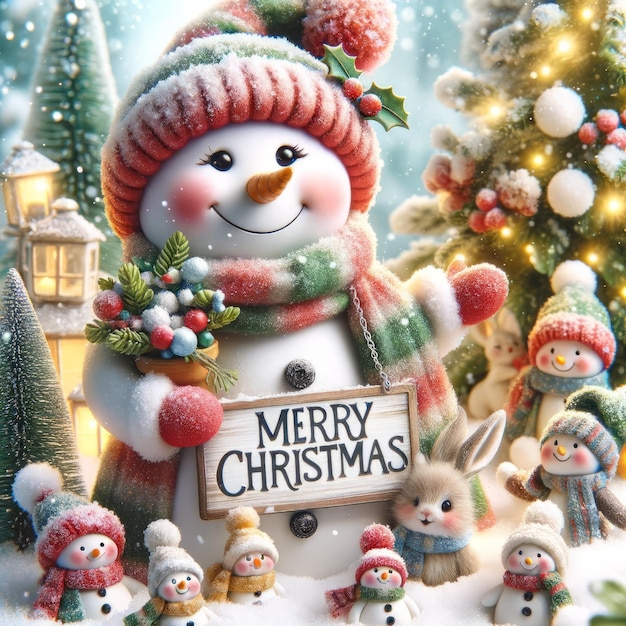 Joyful Winter Celebration Smiling Snowman with 'Merry Christmas' Sign in a Snowy Enchanted Forest