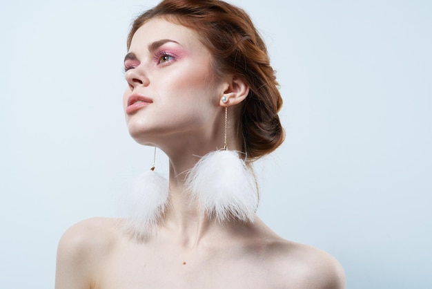 Joyful Woman Bare Shoulders Fluffy Earrings Cosmetics Glamor