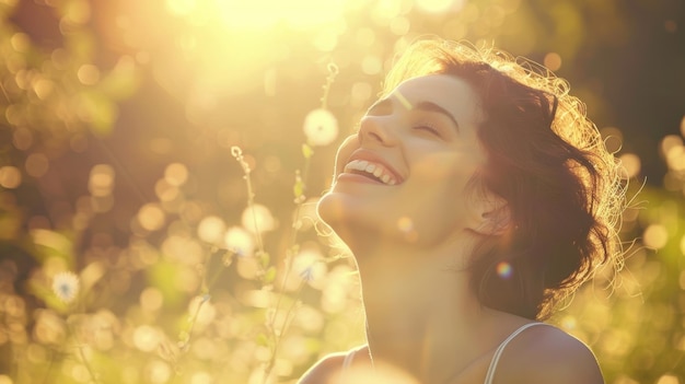 Joyful woman basking in radiant sunlight amidst a blurred nature backdrop