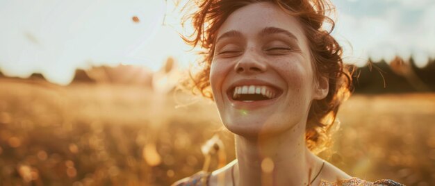 Joyful woman bathed in golden sunlight embracing life amidst a picturesque field