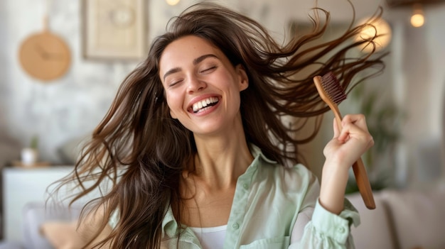 Photo joyful woman brushing her hair