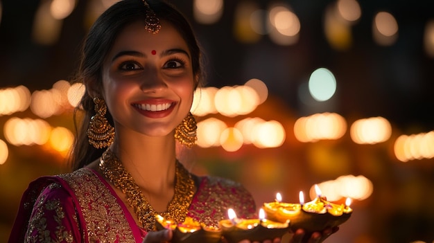 Photo a joyful woman celebrates diwali by holding a lit diya during the festival of lights at night