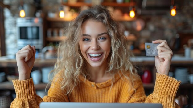 Joyful Woman Celebrating Online Shopping Win with Credit Card