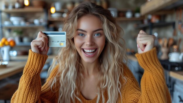 Joyful Woman Celebrating Online Shopping Win with Credit Card