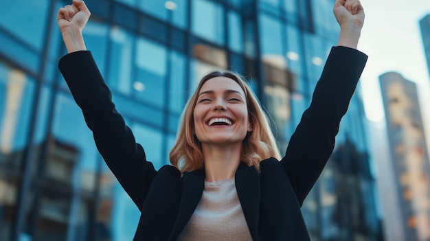 Photo joyful woman celebrating success outdoors in an urban setting during daylight hours