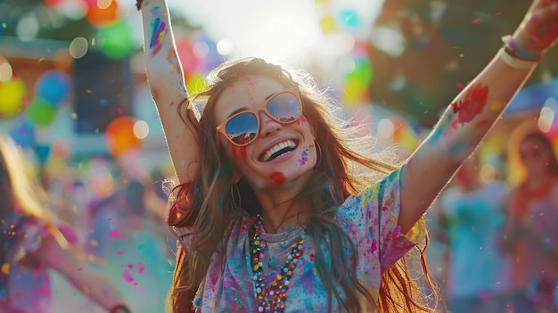 Joyful woman at colorful festival