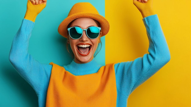 Joyful Woman in Colorful Outfit Celebrating Happiness