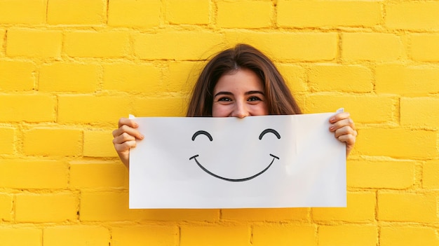 Photo joyful woman concealing behind paper sheet symbol of happiness and playfulness