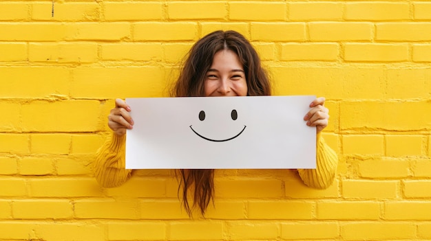 Photo joyful woman concealing behind paper sheet symbol of happiness and playfulness