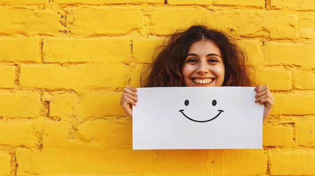 Photo joyful woman concealing behind paper sheet symbol of happiness and playfulness