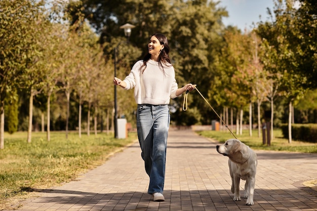 Photo a joyful woman in a cozy autumn outfit enjoys a leisurely walk with her dog in the park