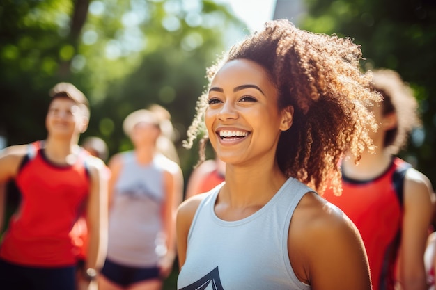 Joyful woman dancing in a fitness class with others