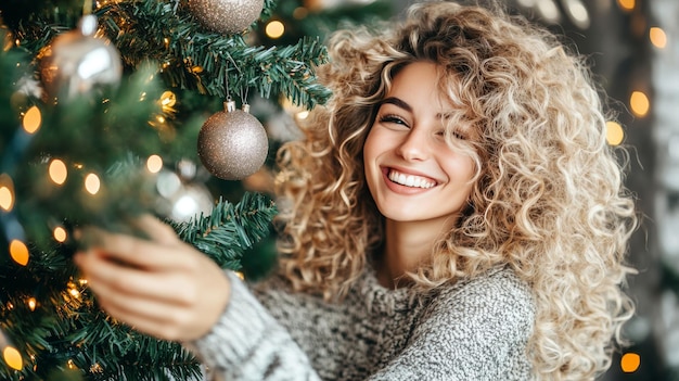 Joyful Woman Decorating Christmas Tree with Sparkling Ornaments Embracing Festive Spirit