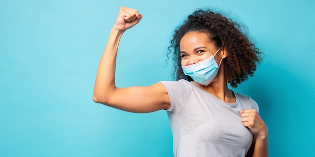 Photo joyful woman displaying arm postvaccination on blue background