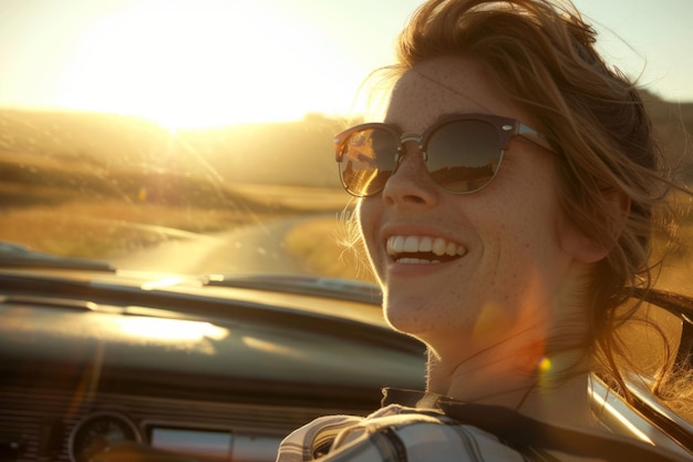 A joyful woman driving in a vintage car The sun sets behind her creating a warm glow Freedom and adventure are captured in this bright moment Generative AI