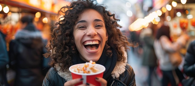 Joyful woman eating street food at a bustling market