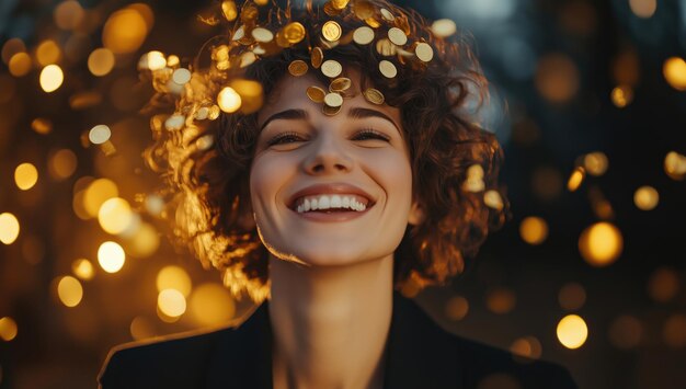 Photo a joyful woman embracing a moment of happiness amidst golden confetti in an evening glow