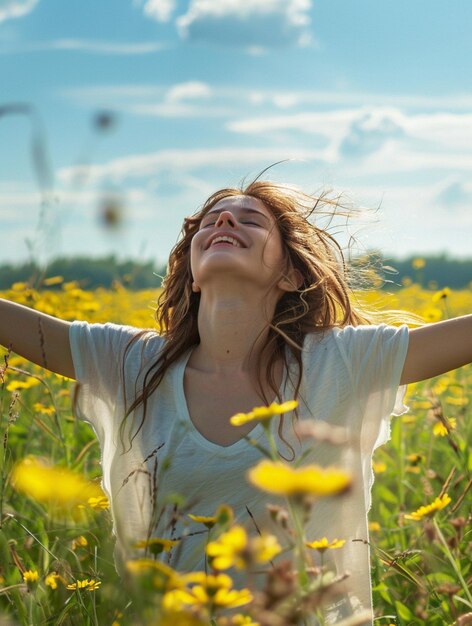 Joyful Woman Embracing Nature in a Vibrant Flower Field