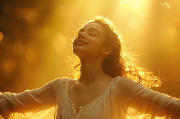 Joyful Woman Embracing Nature with Open Arms at Sunset in Countryside