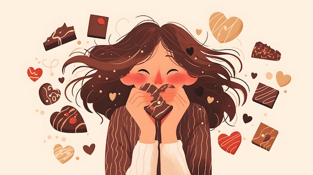 Photo joyful woman enjoying chocolates surrounded by delicious chocolate pieces and heart shapes