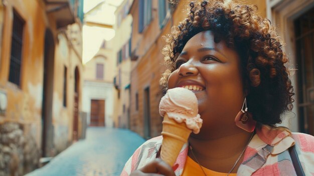 Joyful Woman Enjoying Ice Cream in Charming European Street