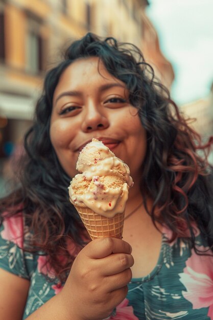 Joyful Woman Enjoying Ice Cream on a Sunny Day in the City